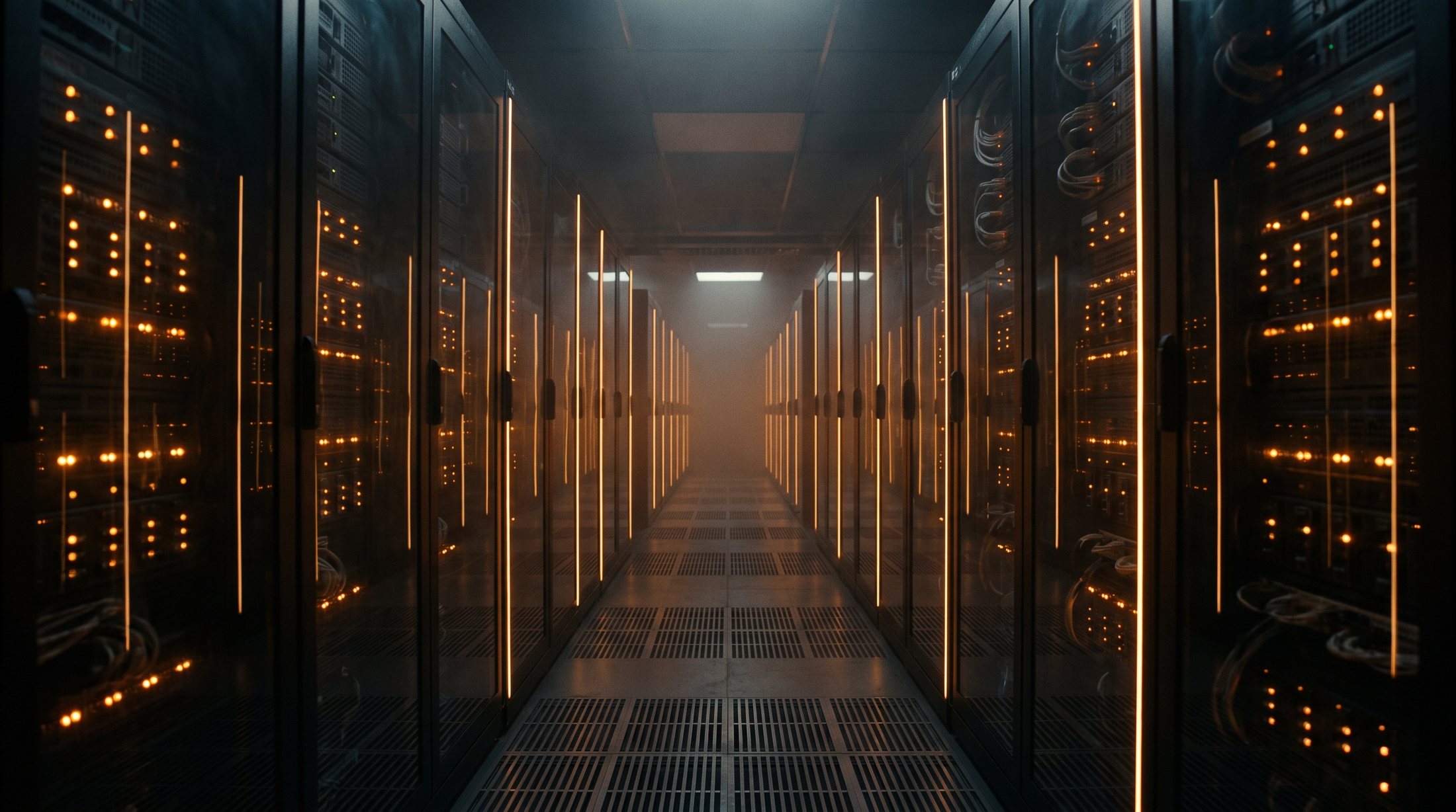Pasillo de un data center con luces naranjas