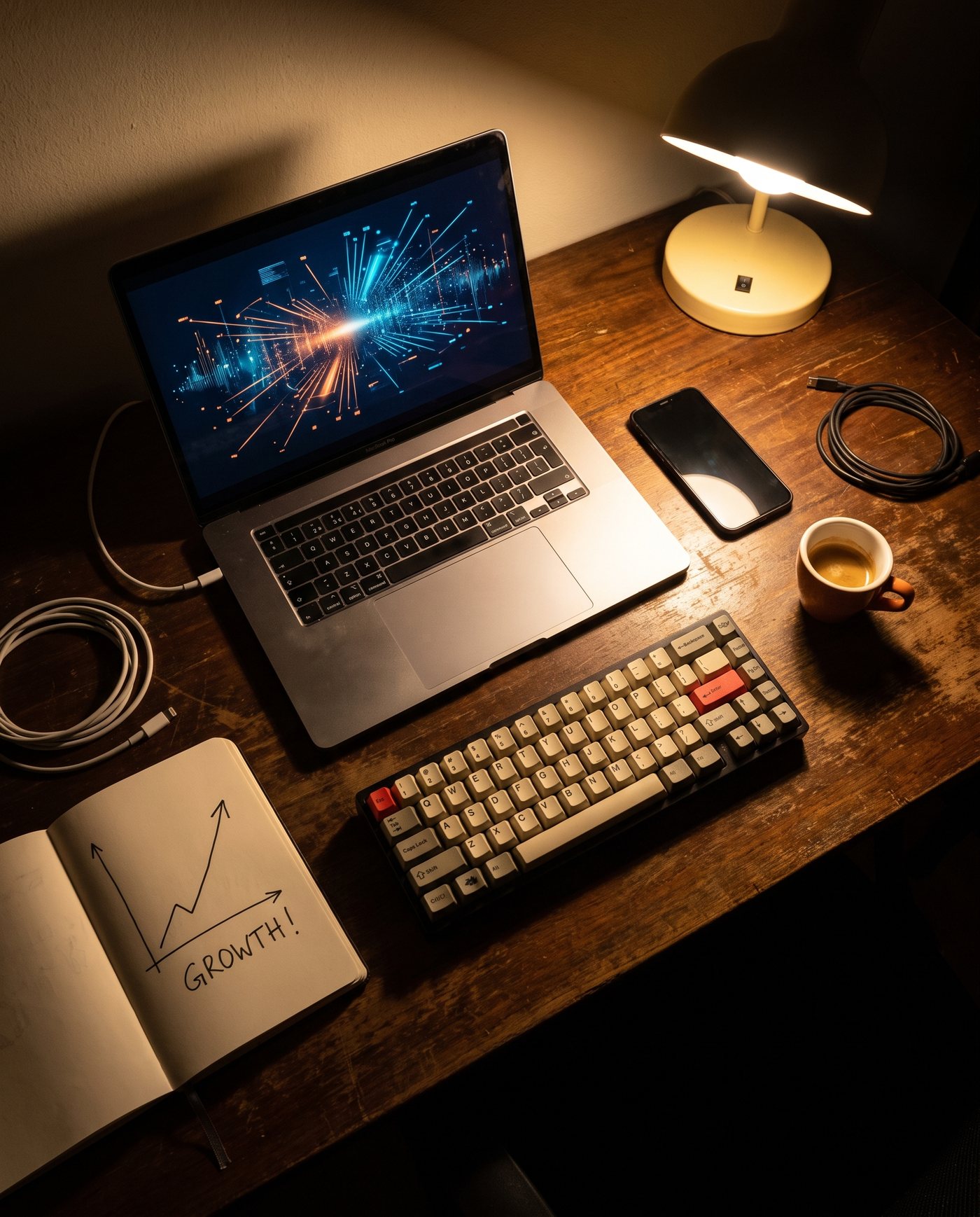 Escritorio de un founder con laptop, métricas y cuaderno con una curva de crecimiento