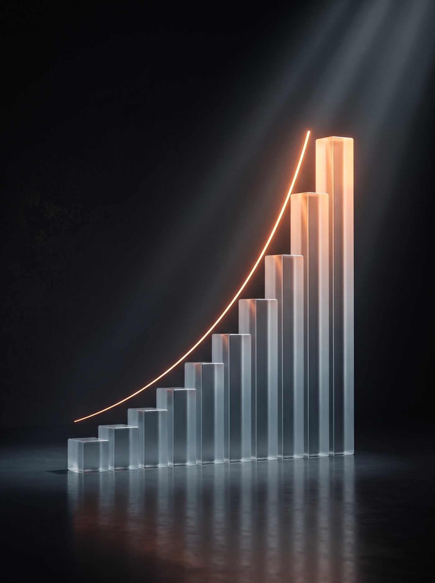 Curva de crecimiento ascendente hecha de barras de vidrio iluminadas